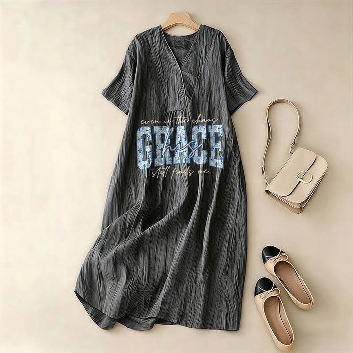 Christianartworkshop Classic "His Grace Still Finds Me" Plaid Print V-Neck Loose Midi Dress - image 1