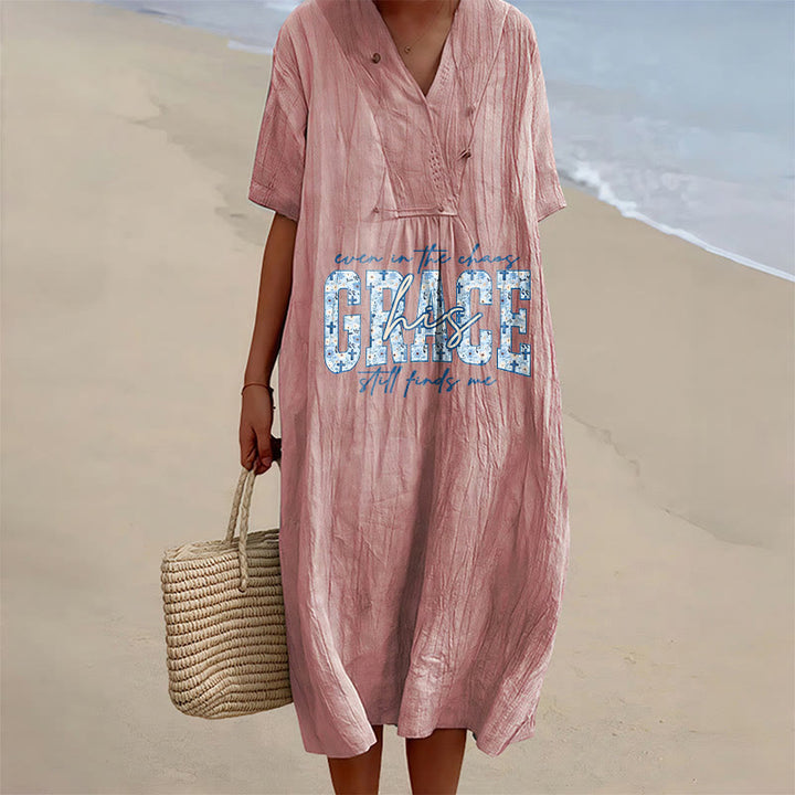 Christianartworkshop Classic "His Grace Still Finds Me" Plaid Print V-Neck Loose Midi Dress - Pink - 4XL - image 3