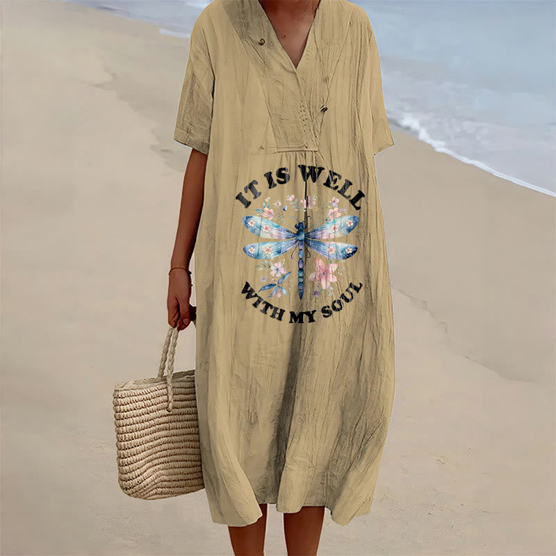 Christianartworkshop "It Is Well With My Soul" Watercolor Dragonfly Floral V-Neck Short Sleeve Midi Dress - Khaki - 4XL - image 0