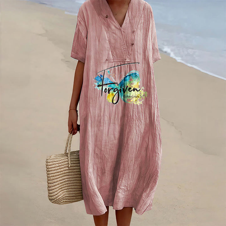 Christianartworkshop Church Gathering Outfit Bible Verse Watercolor Butterfly V-Neck Midi Dress - Pink - 4XL - image 9