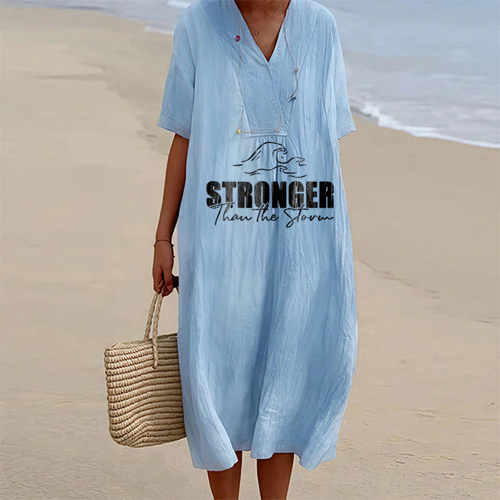Christianartworkshop "Stronger Than The Storm" Wave Graphic V-Neck Short Sleeve Midi Dress - Blue - 4XL - image 0