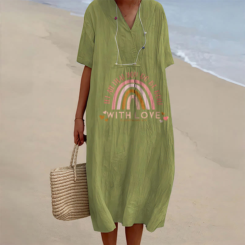 Christianartworkshop Plain Tone Love Scripture Rainbow Heart Slogan V-Neck Casual Midi Dress - Olive Green - 4XL - image 6