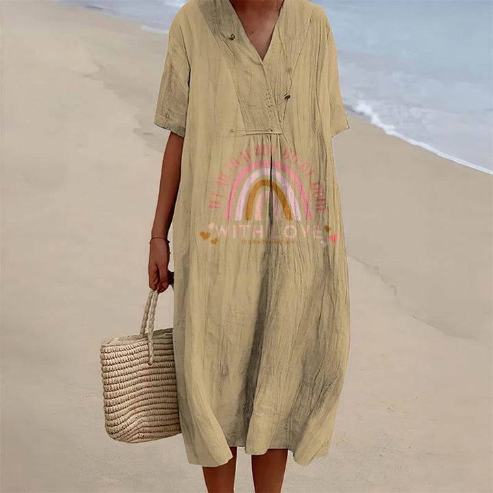 Christianartworkshop Plain Tone Love Scripture Rainbow Heart Slogan V-Neck Casual Midi Dress - Khaki - 4XL - image 9