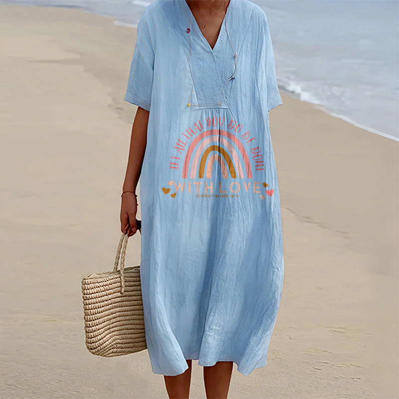 Christianartworkshop Plain Tone Love Scripture Rainbow Heart Slogan V-Neck Casual Midi Dress - Blue - 4XL - image 3