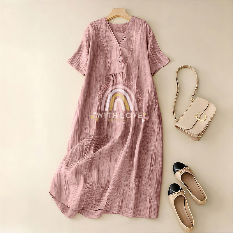 Christianartworkshop Plain Tone Love Scripture Rainbow Heart Slogan V-Neck Casual Midi Dress - image 16
