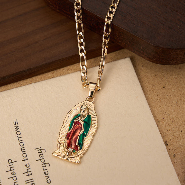 Christianartworkshop Elegant Sunburst Border Enamel Virgin Guadalupe Pendant Chunky Figaro Chain - image 4
