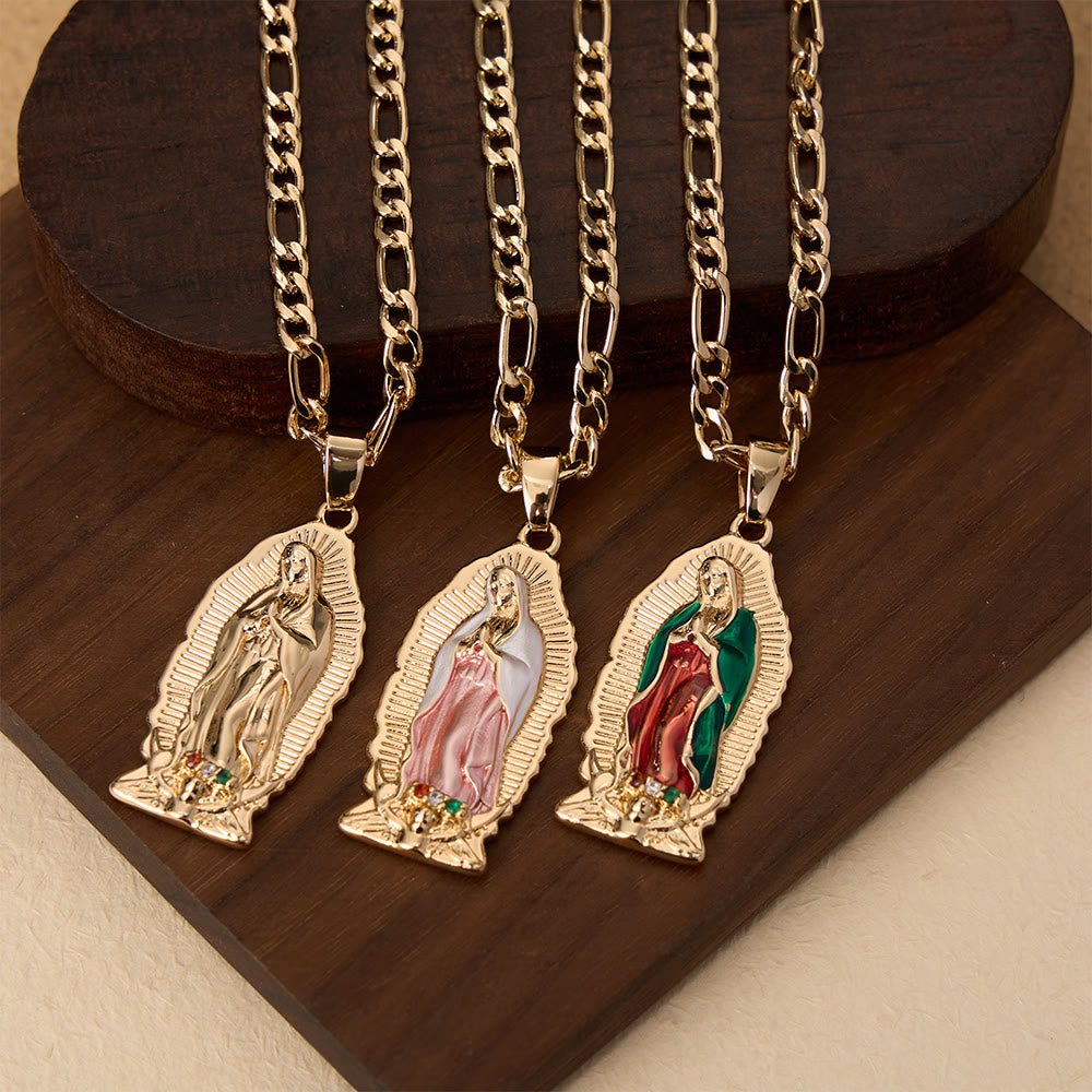 Christianartworkshop Elegant Sunburst Border Enamel Virgin Guadalupe Pendant Chunky Figaro Chain - image 1