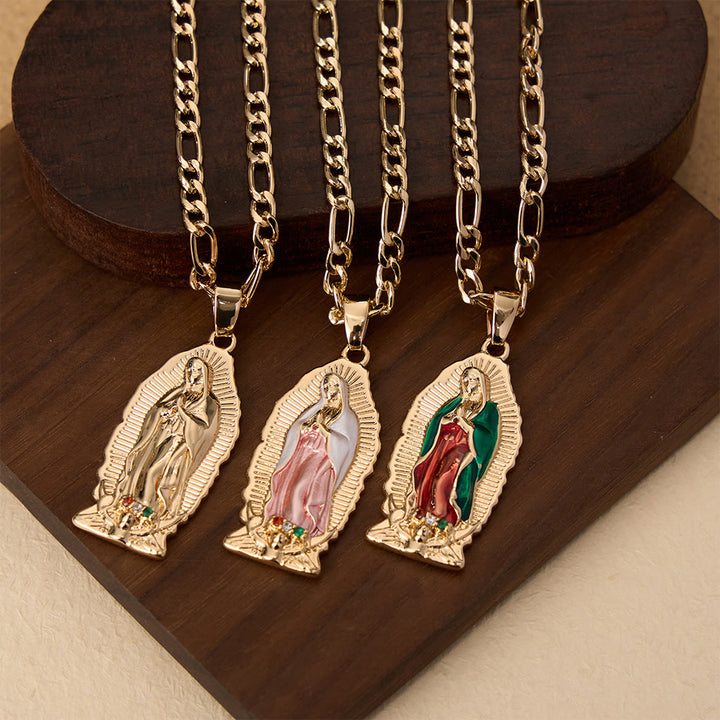 Christianartworkshop Elegant Sunburst Border Enamel Virgin Guadalupe Pendant Chunky Figaro Chain - image 1