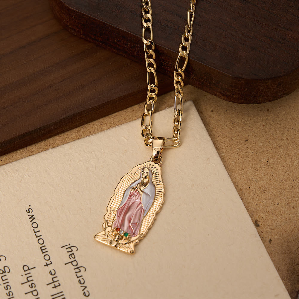 Christianartworkshop Elegant Sunburst Border Enamel Virgin Guadalupe Pendant Chunky Figaro Chain - image 7