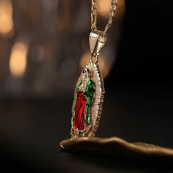 Christianartworkshop Elegant Sunburst Border Enamel Virgin Guadalupe Pendant Chunky Figaro Chain - image 5