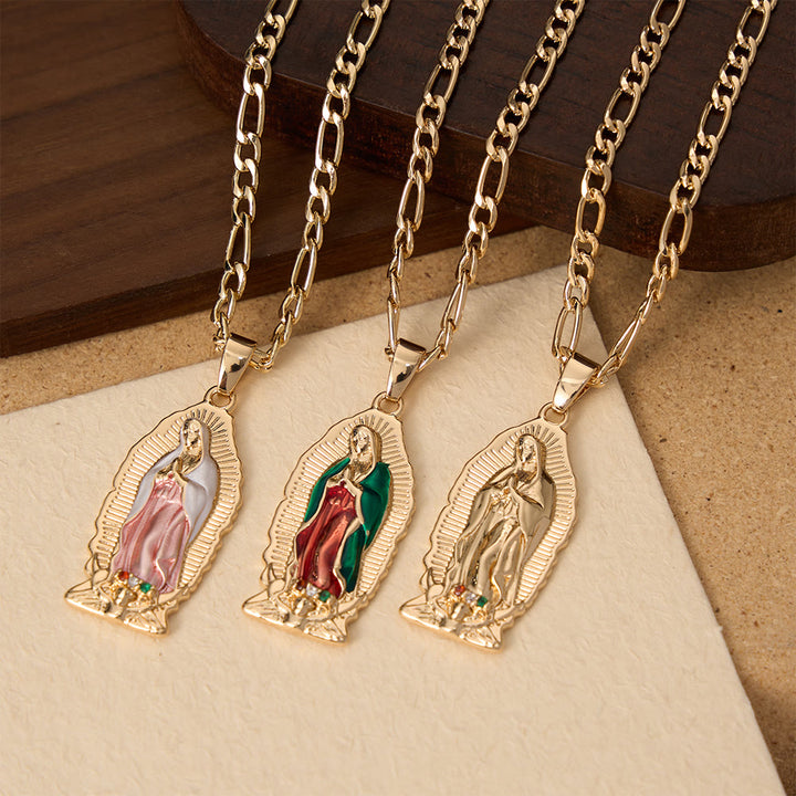FREE Today: Elegant Sunburst Border Enamel Virgin Guadalupe Pendant Chunky Figaro Chain - image 2