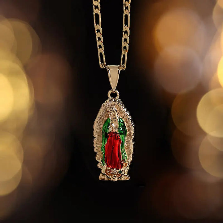FREE Today: Elegant Sunburst Border Enamel Virgin Guadalupe Pendant Chunky Figaro Chain - Red - image 0