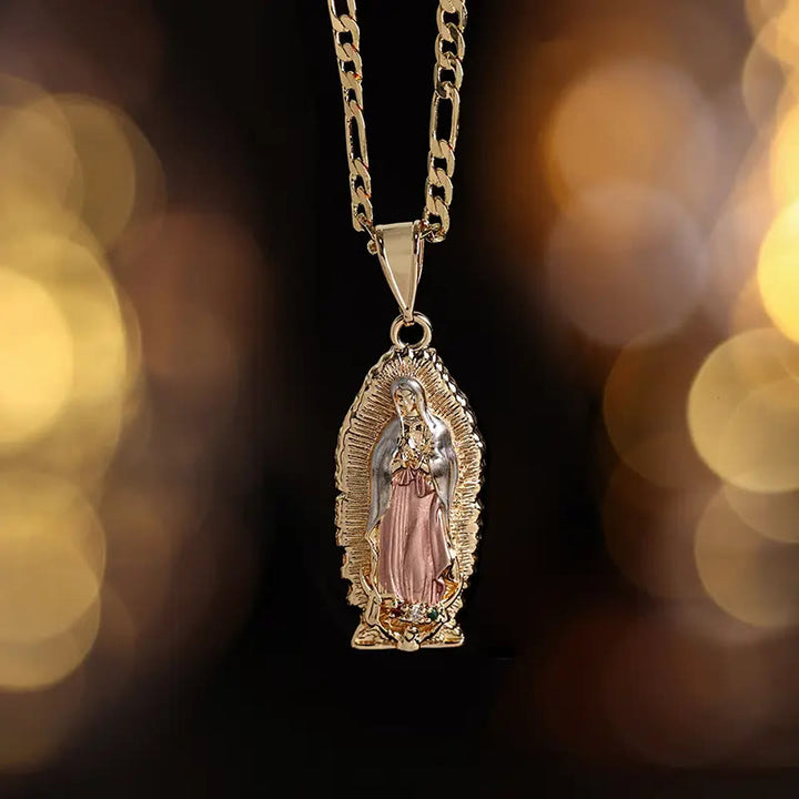 Christianartworkshop Elegant Sunburst Border Enamel Virgin Guadalupe Pendant Chunky Figaro Chain - Pink - image 6