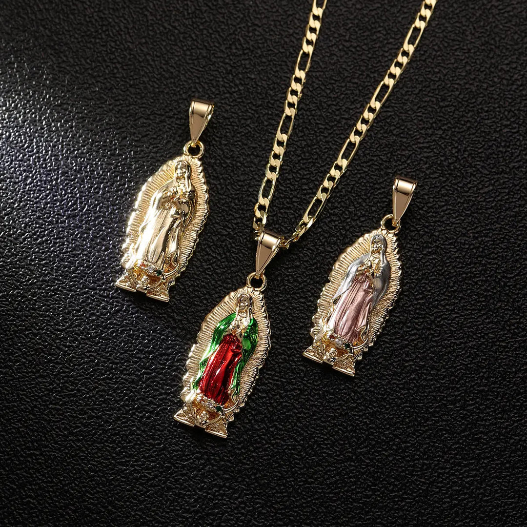 FREE Today: Elegant Sunburst Border Enamel Virgin Guadalupe Pendant Chunky Figaro Chain - image 3