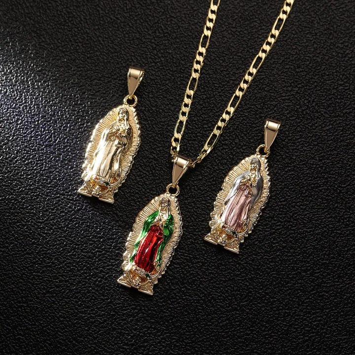 FREE Today: Elegant Sunburst Border Enamel Virgin Guadalupe Pendant Chunky Figaro Chain - image 3
