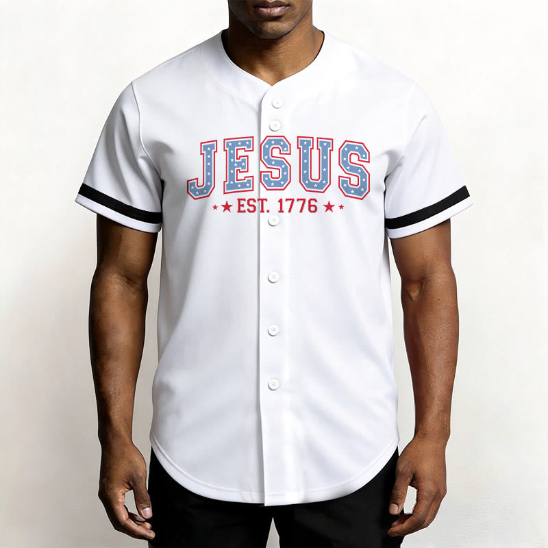 Christianartworkshop Jesus EST.1776 America Faith Freedom & Family USA Flag Print Button-Up Baseball Jersey - image 9