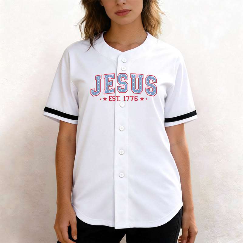 Christianartworkshop Jesus EST.1776 America Faith Freedom & Family USA Flag Print Button-Up Baseball Jersey - image 10