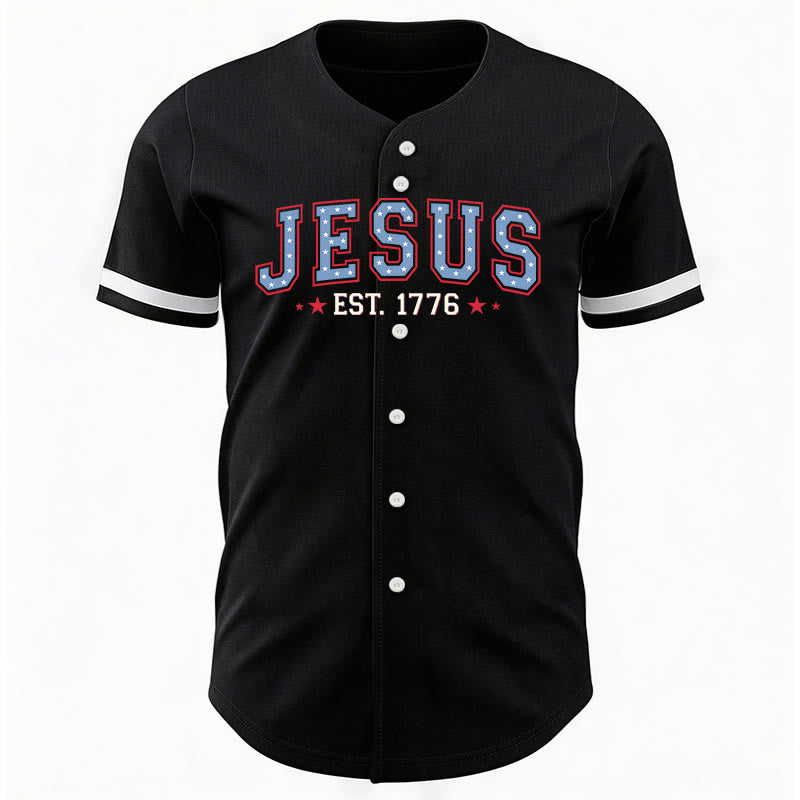 Christianartworkshop Jesus EST.1776 America Faith Freedom & Family USA Flag Print Button-Up Baseball Jersey - image 4