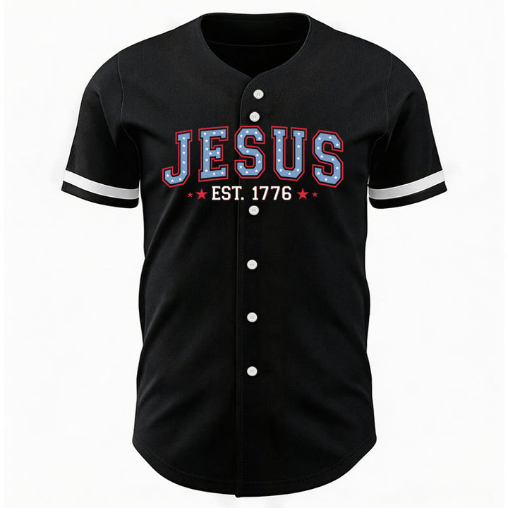 Christianartworkshop Jesus EST.1776 America Faith Freedom & Family USA Flag Print Button-Up Baseball Jersey - image 4