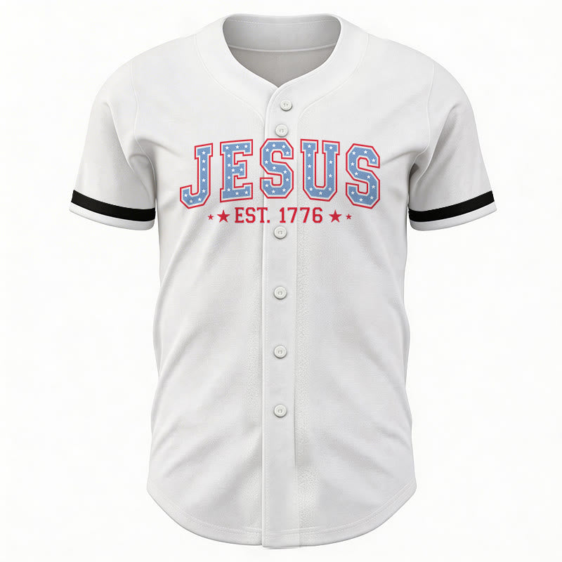 Christianartworkshop Jesus EST.1776 America Faith Freedom & Family USA Flag Print Button-Up Baseball Jersey - image 11