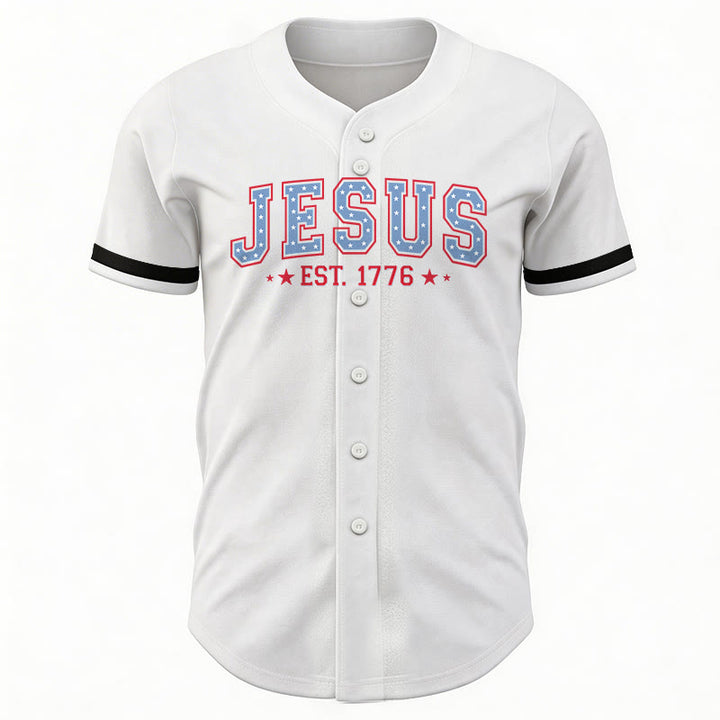 Christianartworkshop Jesus EST.1776 America Faith Freedom & Family USA Flag Print Button-Up Baseball Jersey - image 11