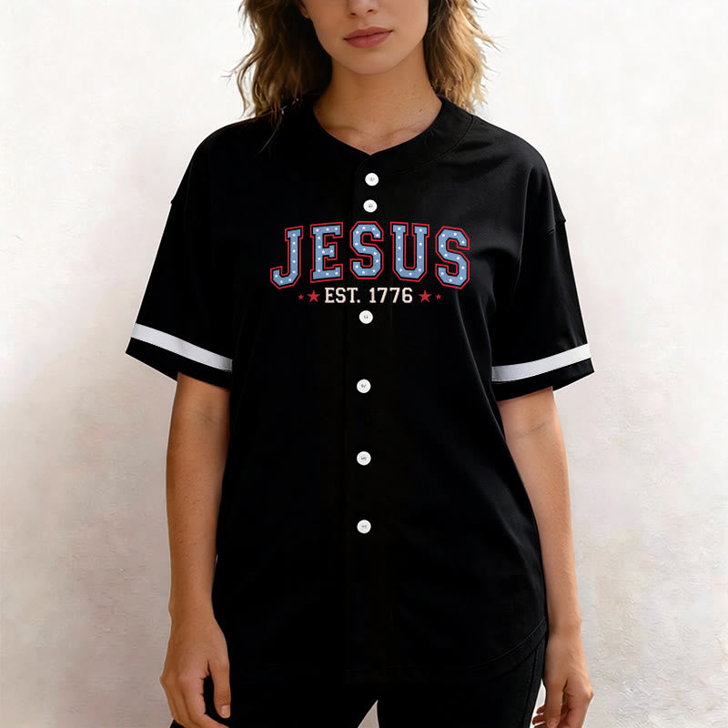 Christianartworkshop Jesus EST.1776 America Faith Freedom & Family USA Flag Print Button-Up Baseball Jersey - image 3
