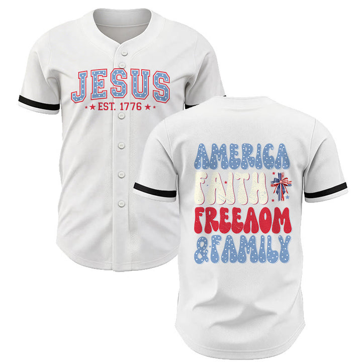 Christianartworkshop Jesus EST.1776 America Faith Freedom & Family USA Flag Print Button-Up Baseball Jersey - White - 5XL - image 8