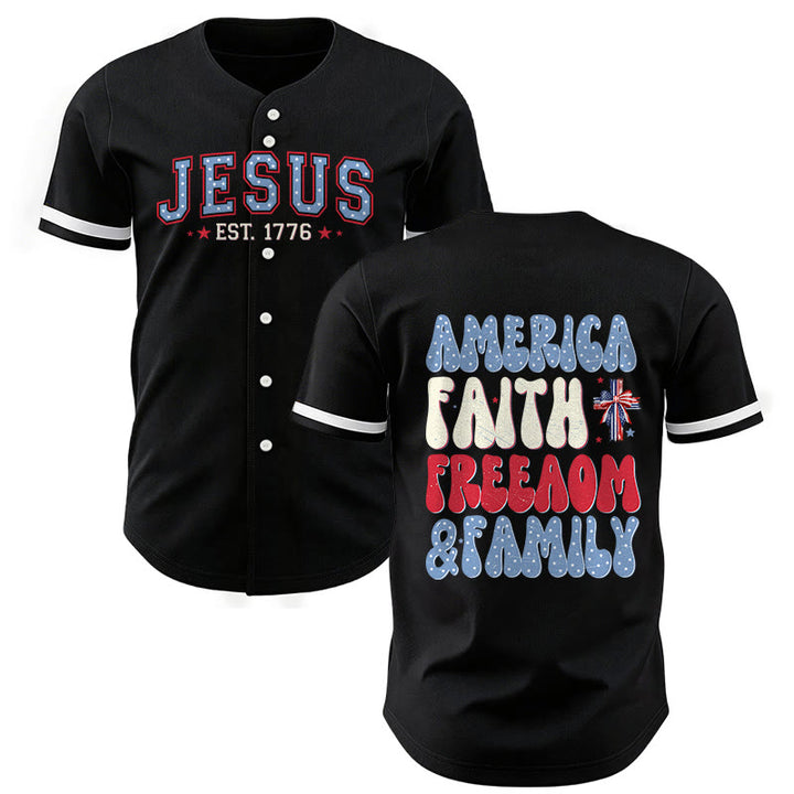 Christianartworkshop Jesus EST.1776 America Faith Freedom & Family USA Flag Print Button-Up Baseball Jersey - Black - 5XL - image 1