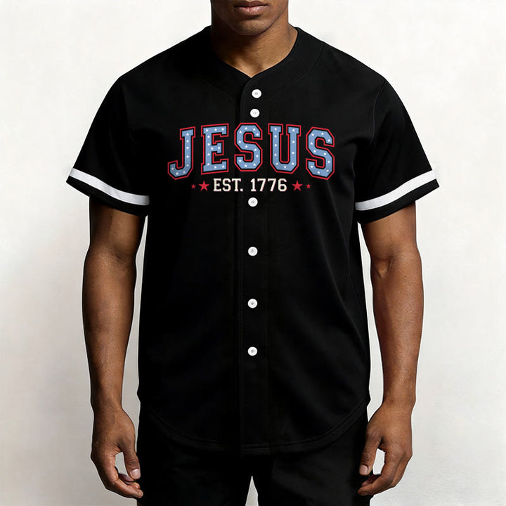 Christianartworkshop Jesus EST.1776 America Faith Freedom & Family USA Flag Print Button-Up Baseball Jersey - image 2