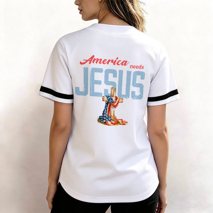 Christianartworkshop "America Needs Jesus" USA Flag Wrapped Cross Front Pocket Logo Button-Up Baseball Jersey - image 12