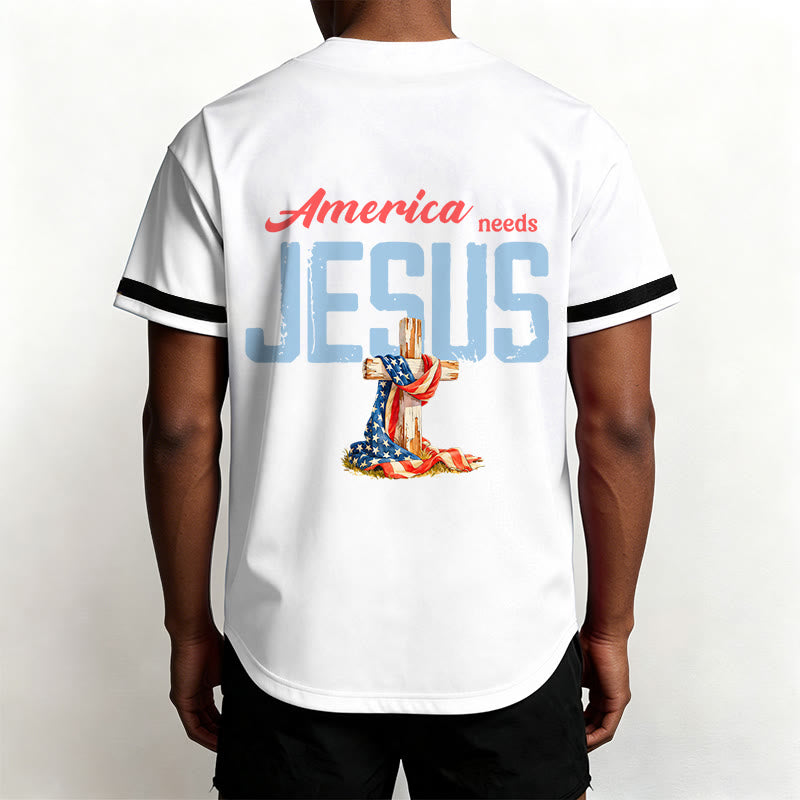 Christianartworkshop "America Needs Jesus" USA Flag Wrapped Cross Front Pocket Logo Button-Up Baseball Jersey - image 13