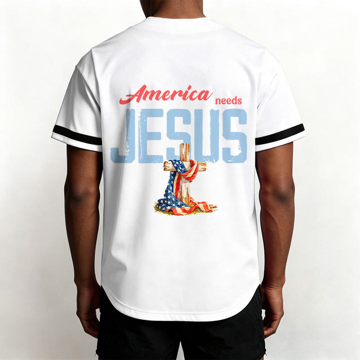 Christianartworkshop "America Needs Jesus" USA Flag Wrapped Cross Front Pocket Logo Button-Up Baseball Jersey - image 13