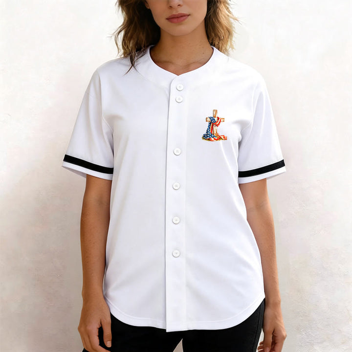 Christianartworkshop "America Needs Jesus" USA Flag Wrapped Cross Front Pocket Logo Button-Up Baseball Jersey - image 9