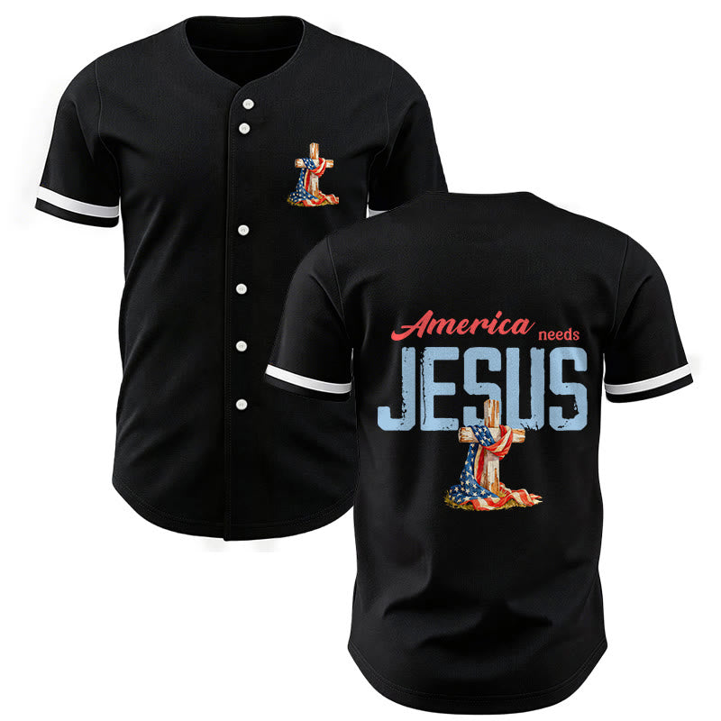 Christianartworkshop "America Needs Jesus" USA Flag Wrapped Cross Front Pocket Logo Button-Up Baseball Jersey - Black - 5XL - image 0