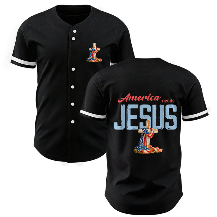 Christianartworkshop "America Needs Jesus" USA Flag Wrapped Cross Front Pocket Logo Button-Up Baseball Jersey - Black - 5XL - image 0