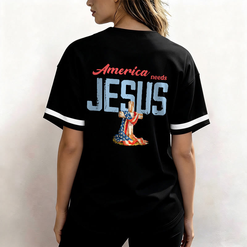 Christianartworkshop "America Needs Jesus" USA Flag Wrapped Cross Front Pocket Logo Button-Up Baseball Jersey - image 7