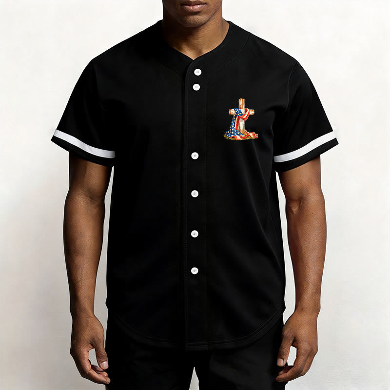 Christianartworkshop "America Needs Jesus" USA Flag Wrapped Cross Front Pocket Logo Button-Up Baseball Jersey - image 3