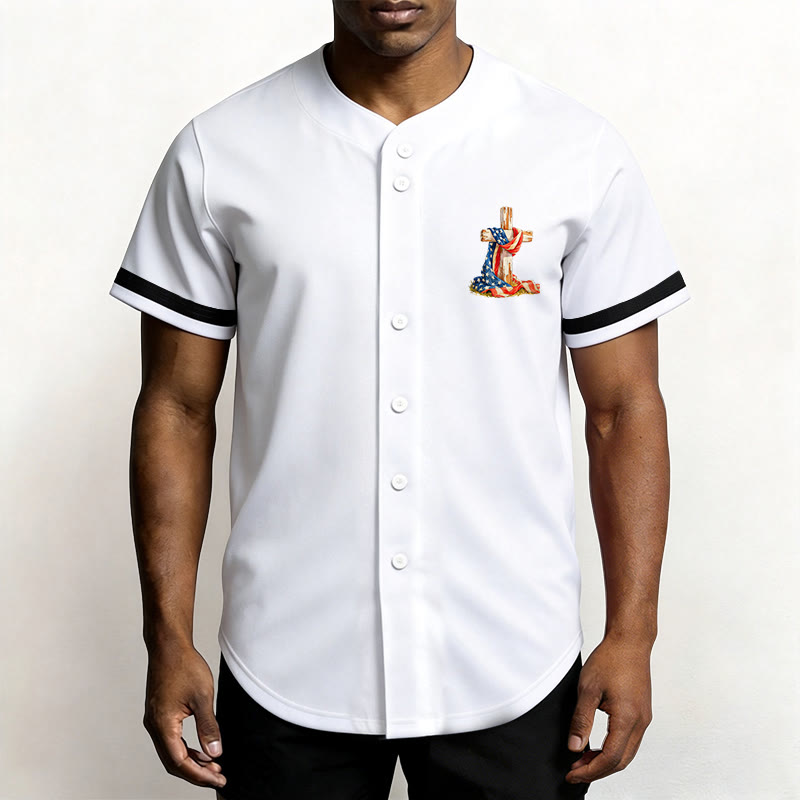 Christianartworkshop "America Needs Jesus" USA Flag Wrapped Cross Front Pocket Logo Button-Up Baseball Jersey - image 10