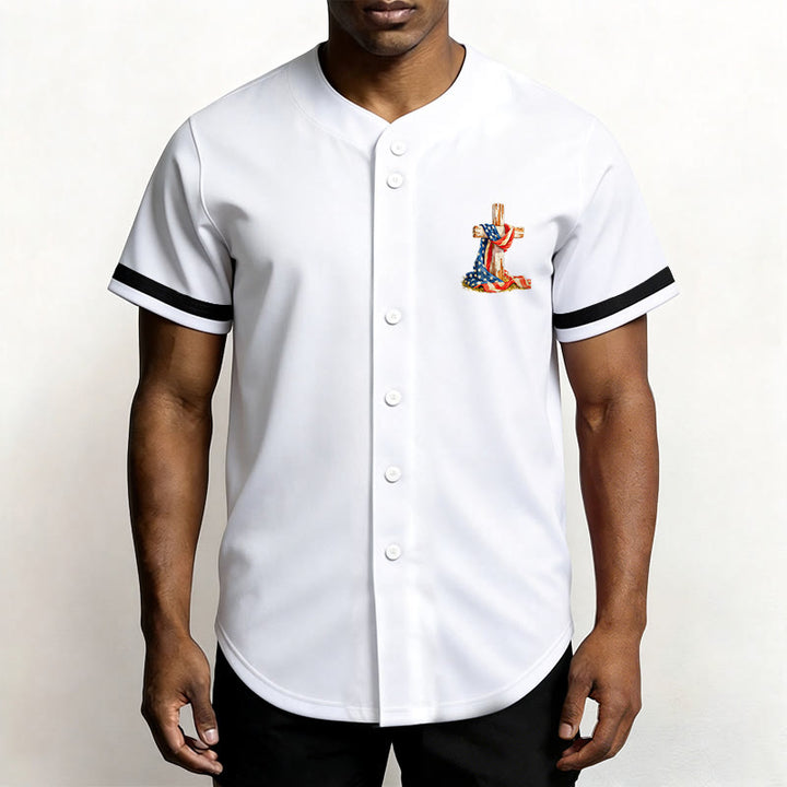 Christianartworkshop "America Needs Jesus" USA Flag Wrapped Cross Front Pocket Logo Button-Up Baseball Jersey - image 10
