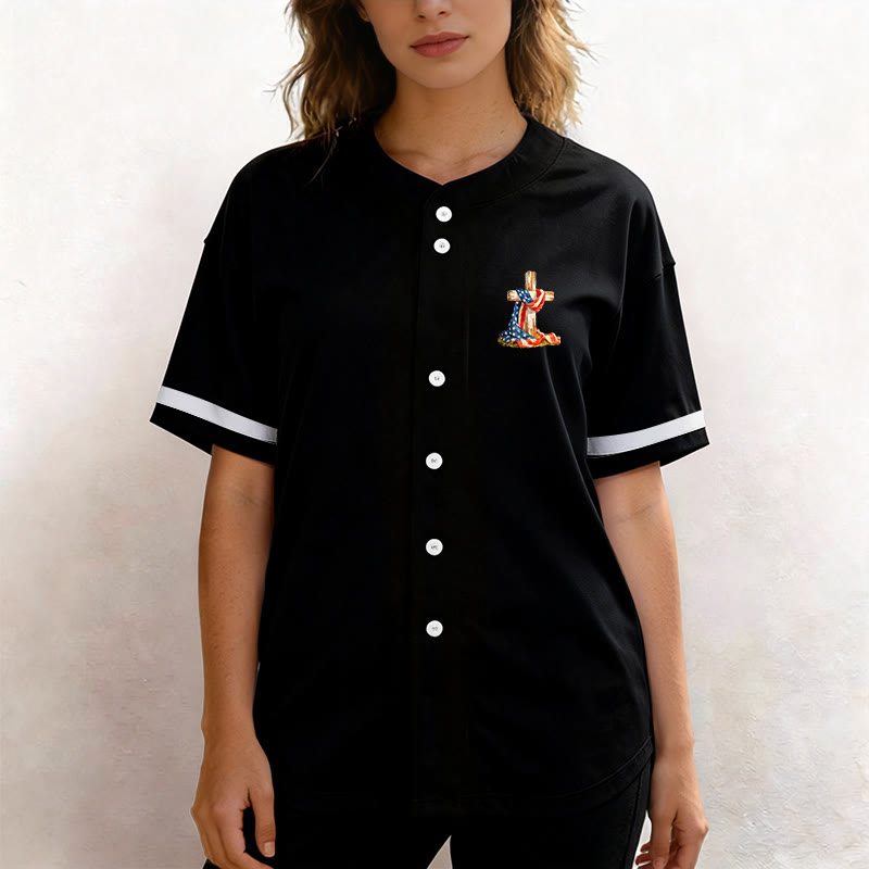 Christianartworkshop "America Needs Jesus" USA Flag Wrapped Cross Front Pocket Logo Button-Up Baseball Jersey - image 2