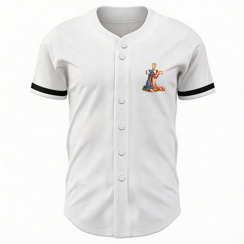 Christianartworkshop "America Needs Jesus" USA Flag Wrapped Cross Front Pocket Logo Button-Up Baseball Jersey - image 10