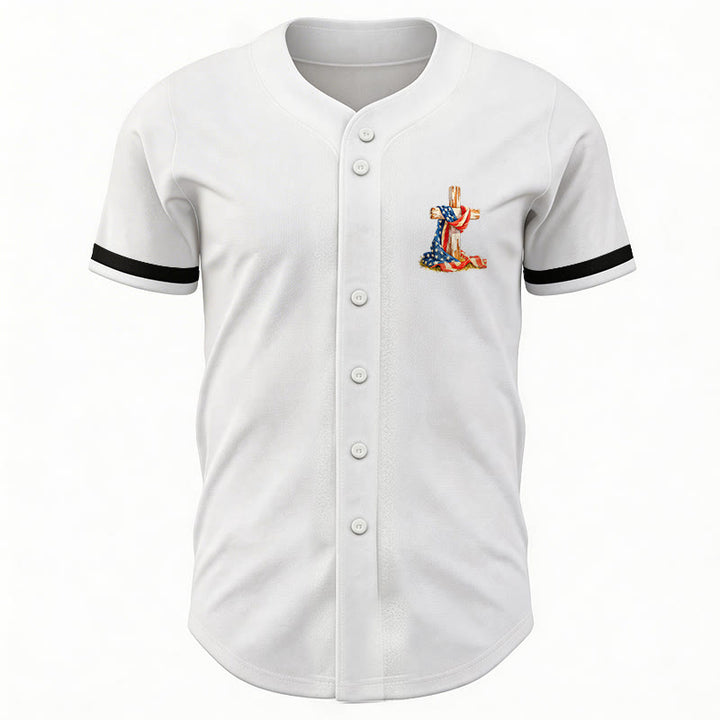 Christianartworkshop "America Needs Jesus" USA Flag Wrapped Cross Front Pocket Logo Button-Up Baseball Jersey - image 10