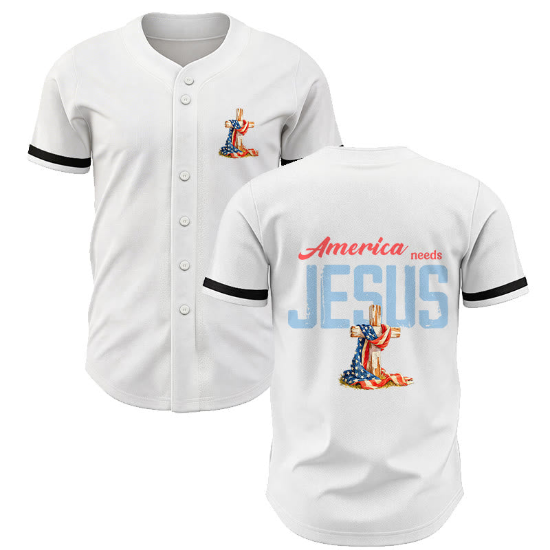 Christianartworkshop "America Needs Jesus" USA Flag Wrapped Cross Front Pocket Logo Button-Up Baseball Jersey - White - 5XL - image 9