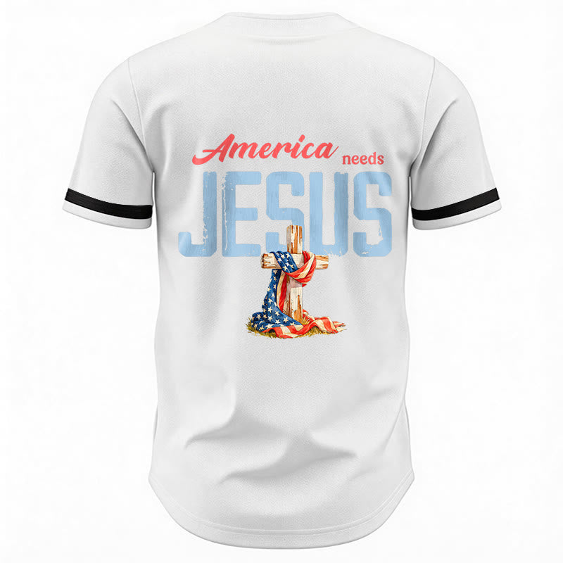 Christianartworkshop "America Needs Jesus" USA Flag Wrapped Cross Front Pocket Logo Button-Up Baseball Jersey - image 15