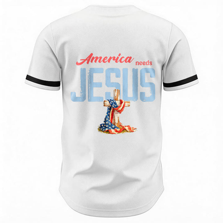 Christianartworkshop "America Needs Jesus" USA Flag Wrapped Cross Front Pocket Logo Button-Up Baseball Jersey - image 15