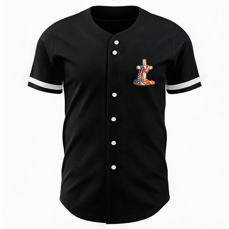 Christianartworkshop "America Needs Jesus" USA Flag Wrapped Cross Front Pocket Logo Button-Up Baseball Jersey - image 3
