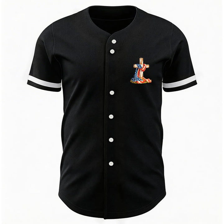 Christianartworkshop "America Needs Jesus" USA Flag Wrapped Cross Front Pocket Logo Button-Up Baseball Jersey - image 3