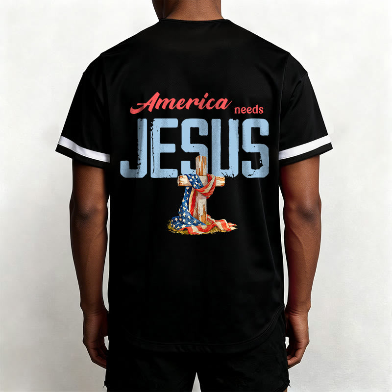 Christianartworkshop "America Needs Jesus" USA Flag Wrapped Cross Front Pocket Logo Button-Up Baseball Jersey - image 4