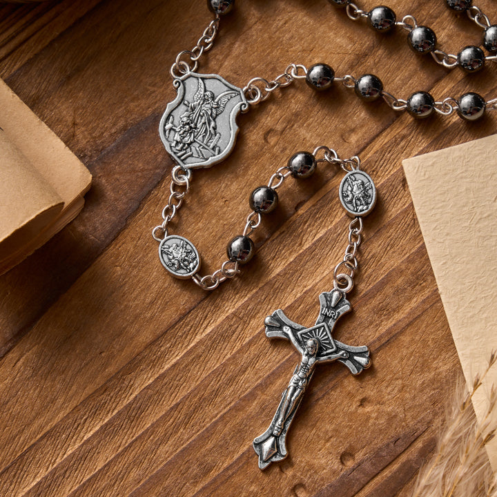Christianartworkshop Silver or Blue Rosary with Antique Silver Archangel Medal and Matching Engraved Round Box - image 4