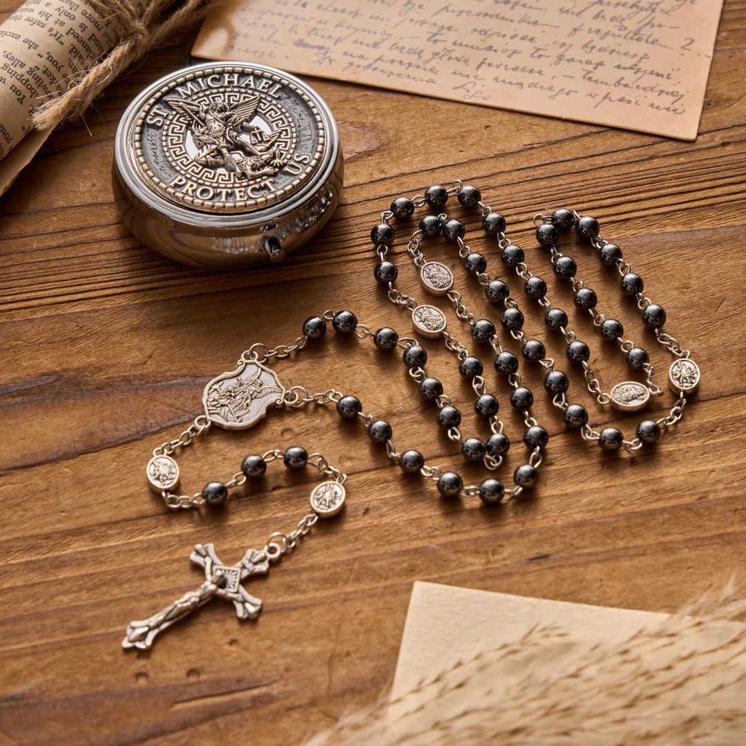 Christianartworkshop Antique Silver Archangel Medal Hematite Rosary with Matching Engraved Round Box - St.Michael & Crucifix - image 0